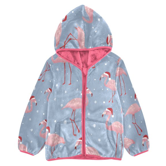 BZSMCE Double-Sided Sherpa Fleece Hooded Zipper Jacket Pink Flamingo Christmas Hat Pattern Print Warm Outerwear