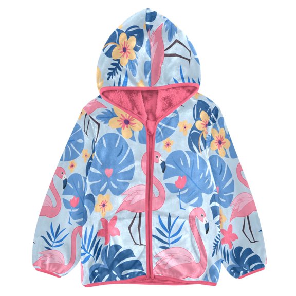 BZSMCE Double-Sided Sherpa Fleece Hooded Zipper Jacket Pink Flamingo Print Warm Outerwear