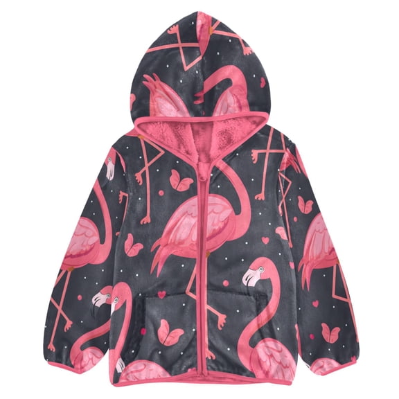 BZSMCE Double-Sided Sherpa Fleece Hooded Zipper Jacket Pink Flamingo Print Warm Outerwear