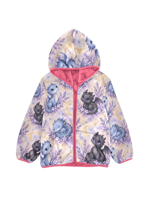 BZSMCE Double-Sided Sherpa Fleece Hooded Zipper Jacket Pink Flower Bed Dragon Pattern Print Warm Outerwear