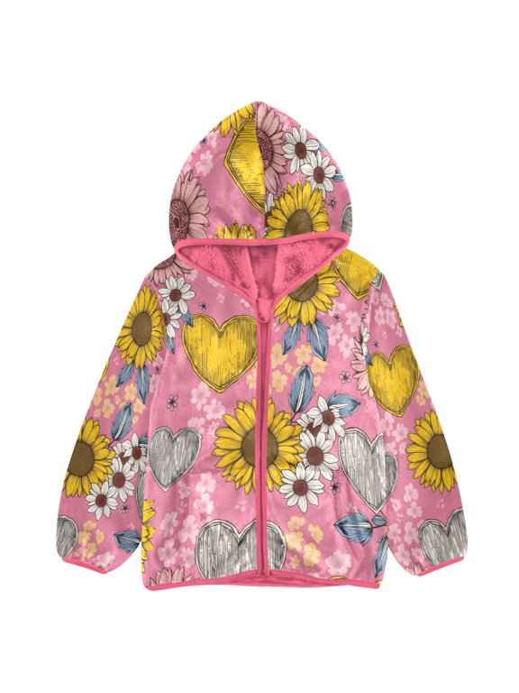 BZSMCE Double-Sided Sherpa Fleece Hooded Zipper Jacket Pink Flowers Vinta Pattern Print Warm Outerwear