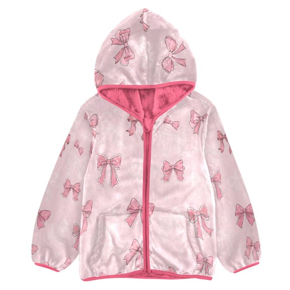 BZSMCE Double-Sided Sherpa Fleece Hooded Zipper Jacket Pink Lace Bow Pattern Print Warm Outerwear