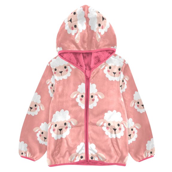 BZSMCE Double-Sided Sherpa Fleece Hooded Zipper Jacket Pink Lamb Pink Pattern Print Warm Outerwear