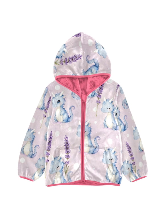 BZSMCE Double-Sided Sherpa Fleece Hooded Zipper Jacket Pink Lavender Baby Dragon Whimsy Print Warm Outerwear
