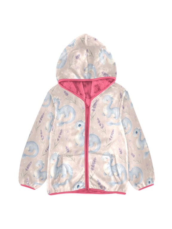 BZSMCE Double-Sided Sherpa Fleece Hooded Zipper Jacket Pink Lavender Pastel Dragon Print Warm Outerwear