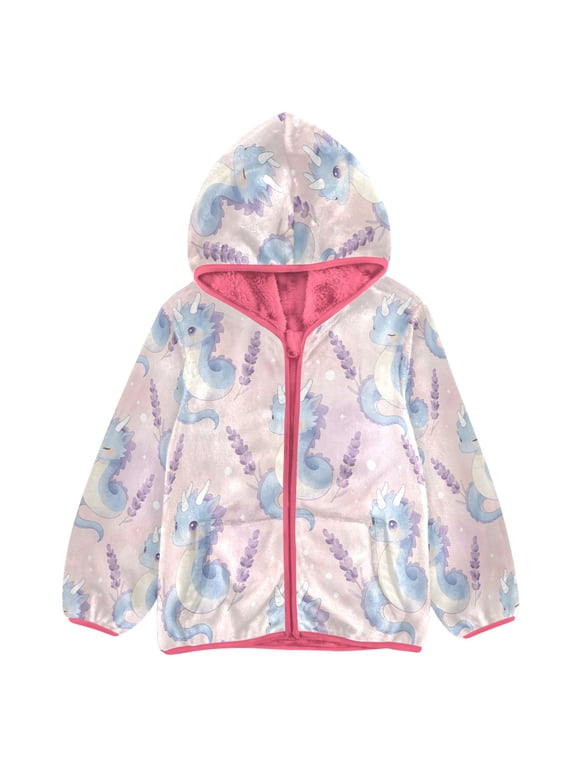 BZSMCE Double-Sided Sherpa Fleece Hooded Zipper Jacket Pink Lavender Pastel Water Dragon Print Warm Outerwear