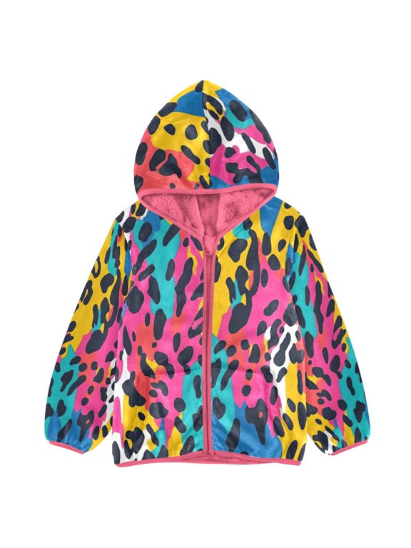BZSMCE Double-Sided Sherpa Fleece Hooded Zipper Jacket Pink Leopard Print Rainbow Color Pattern Print Warm Outerwear