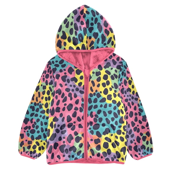 BZSMCE Double-Sided Sherpa Fleece Hooded Zipper Jacket Pink Leopard Print Warm Outerwear