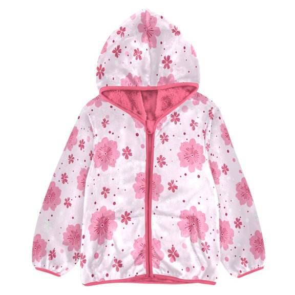 BZSMCE Double-Sided Sherpa Fleece Hooded Zipper Jacket Pink Lightpinkcherryblossoms Pattern Print Warm Outerwear