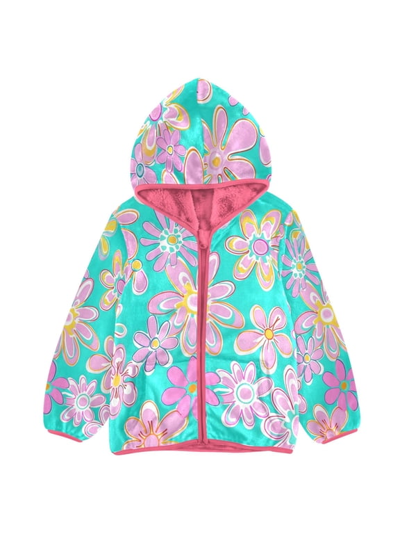 BZSMCE Double-Sided Sherpa Fleece Hooded Zipper Jacket Pink Lily Pulitzer Cute Pattern Of A Bubbly Hippie Looking Flower Retro Print Warm Outerwear