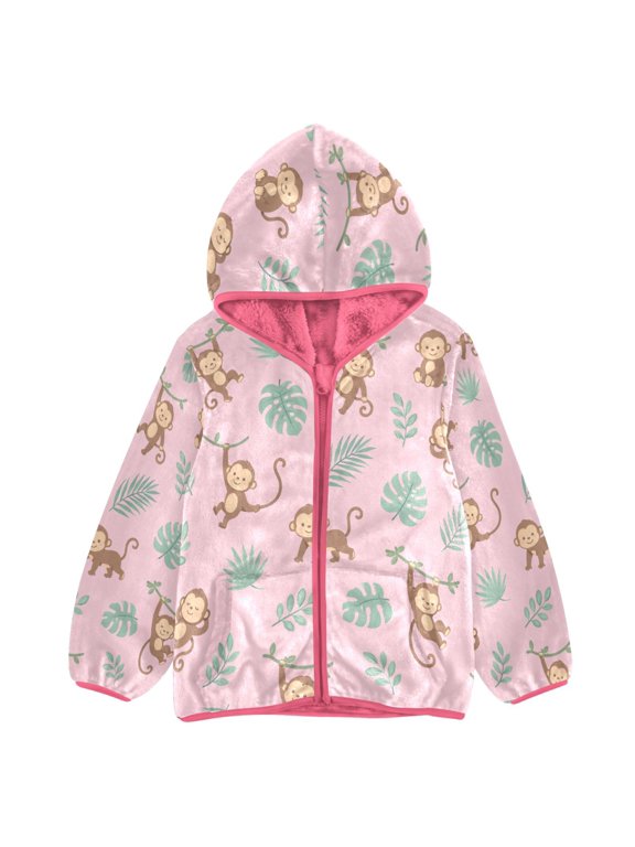 BZSMCE Double-Sided Sherpa Fleece Hooded Zipper Jacket Pink Monkey Plant Print Warm Outerwear