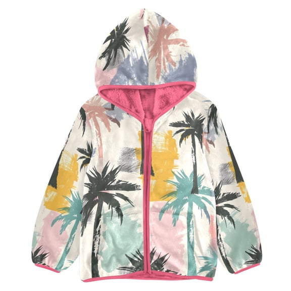 BZSMCE Double-Sided Sherpa Fleece Hooded Zipper Jacket Pink Palm Print Warm Outerwear