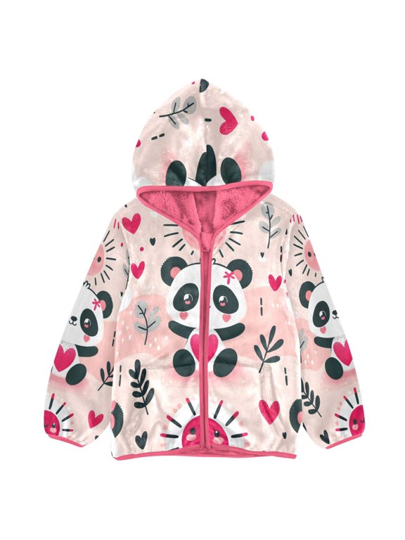 BZSMCE Double-Sided Sherpa Fleece Hooded Zipper Jacket Pink Panda Bear with Red Hearts Print Warm Outerwear