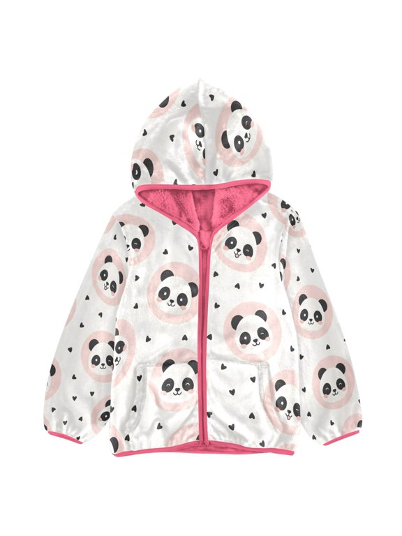 BZSMCE Double-Sided Sherpa Fleece Hooded Zipper Jacket Pink Panda Print Warm Outerwear