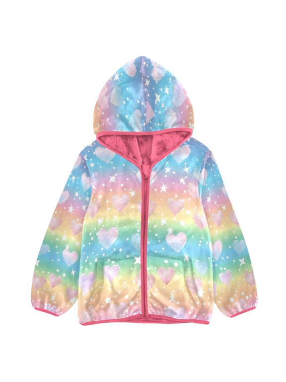 BZSMCE Double-Sided Sherpa Fleece Hooded Zipper Jacket Pink Pastel Rainbow Girl Flashing and Heart Print Warm Outerwear