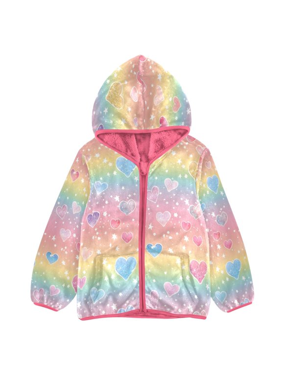 BZSMCE Double-Sided Sherpa Fleece Hooded Zipper Jacket Pink Pastel Rainbow Girly Glitter and Hearts Seamless Pattern Print Warm Outerwear