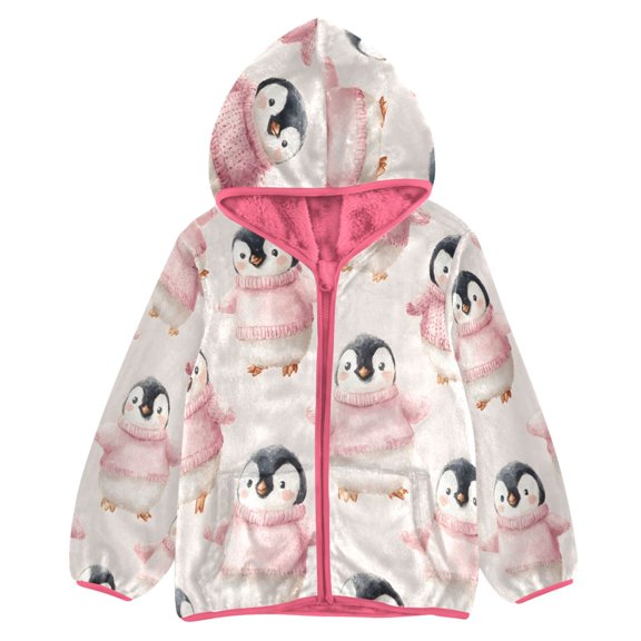 BZSMCE Double-Sided Sherpa Fleece Hooded Zipper Jacket Pink Penguin Pink Sweater Pattern Print Warm Outerwear