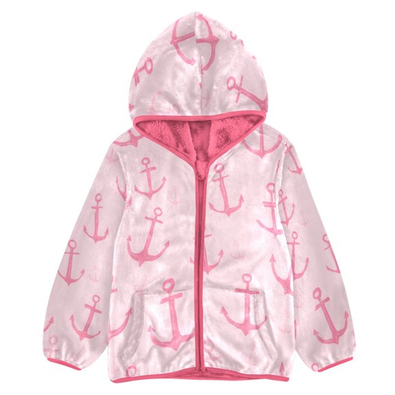 BZSMCE Double-Sided Sherpa Fleece Hooded Zipper Jacket Pink Pink Anchor Pattern Print Warm Outerwear
