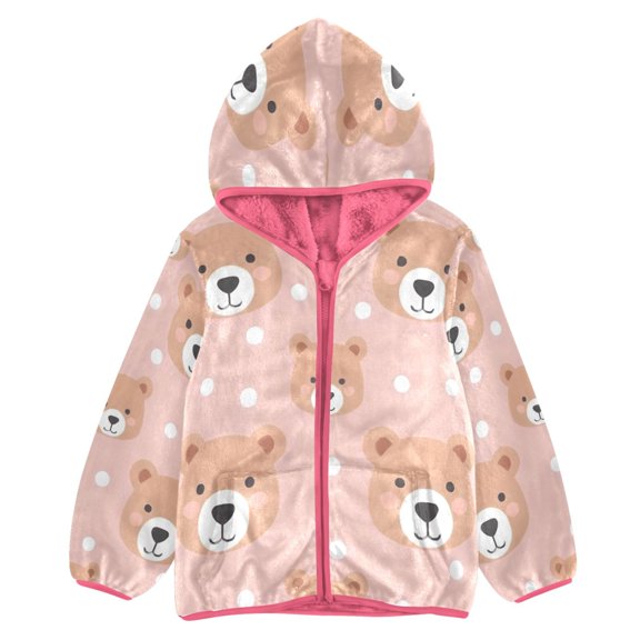BZSMCE Double-Sided Sherpa Fleece Hooded Zipper Jacket Pink Pink Bear Print Warm Outerwear