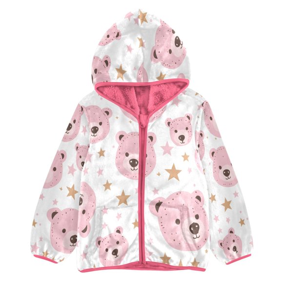 BZSMCE Double-Sided Sherpa Fleece Hooded Zipper Jacket Pink Pink Bears Stars Print Warm Outerwear