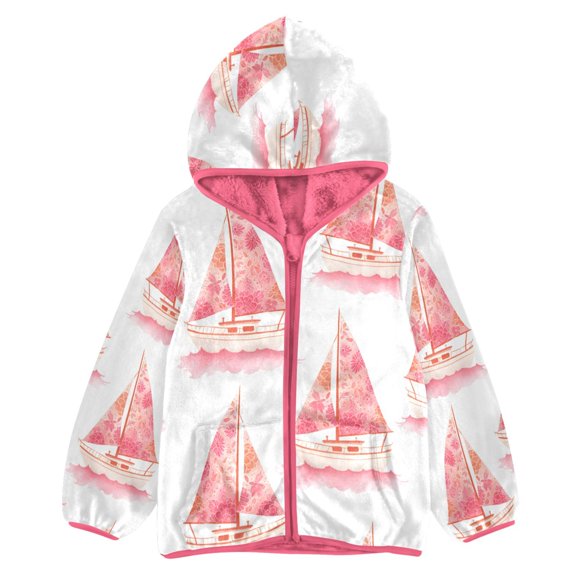 BZSMCE Double-Sided Sherpa Fleece Hooded Zipper Jacket Pink Pink Boat Pattern Print Warm Outerwear