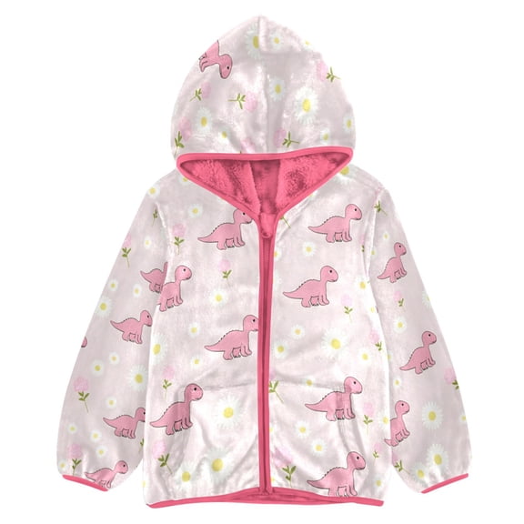 BZSMCE Double-Sided Sherpa Fleece Hooded Zipper Jacket Pink Pink Cute Little Dinosaur Little Daisy 拷贝 Print Warm Outerwear