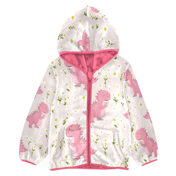 BZSMCE Double-Sided Sherpa Fleece Hooded Zipper Jacket Pink Pink Cute Little Dinosaur Print Warm Outerwear