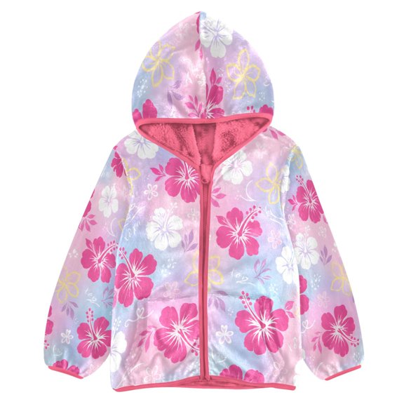 BZSMCE Double-Sided Sherpa Fleece Hooded Zipper Jacket Pink Pink Flower Print Warm Outerwear