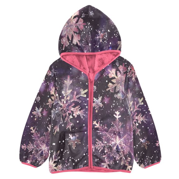 BZSMCE Double-Sided Sherpa Fleece Hooded Zipper Jacket Pink Pink Gold Snowflakes Pattern Print Warm Outerwear