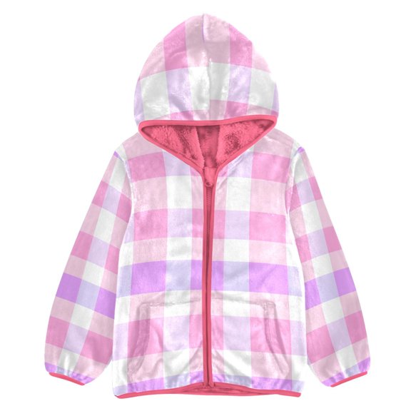 BZSMCE Double-Sided Sherpa Fleece Hooded Zipper Jacket Pink Pink Lavender Plaid Pattern Print Warm Outerwear