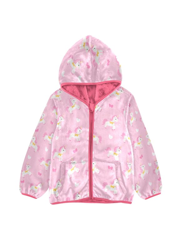 BZSMCE Double-Sided Sherpa Fleece Hooded Zipper Jacket Pink Pink Unicorn Pattern Print Warm Outerwear
