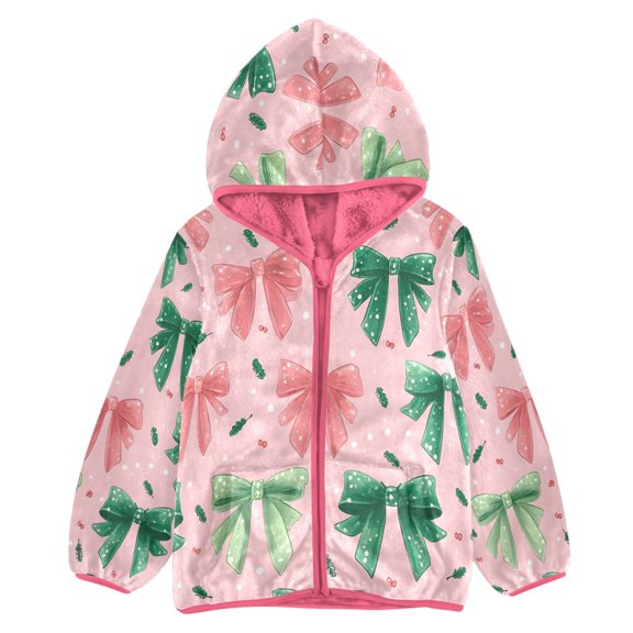 BZSMCE Double-Sided Sherpa Fleece Hooded Zipper Jacket Pink Pink and Green Christmas Bow Pattern Print Warm Outerwear