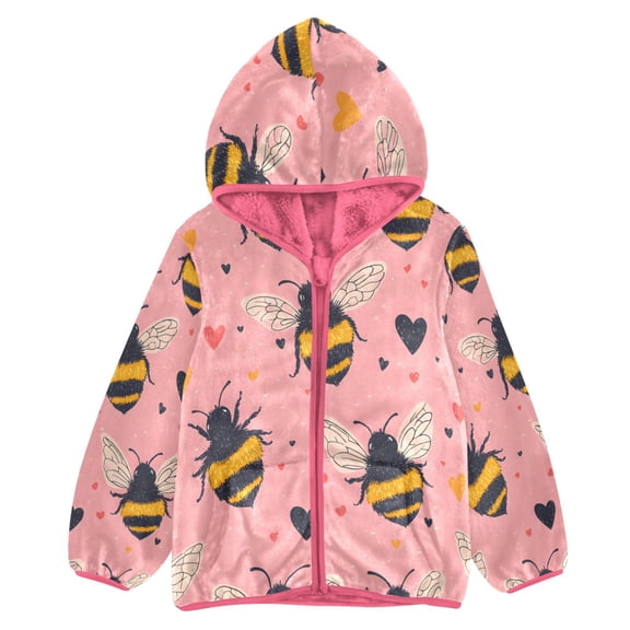 BZSMCE Double-Sided Sherpa Fleece Hooded Zipper Jacket Pink Pinkbeehearts Pattern Print Warm Outerwear