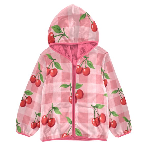 BZSMCE Double-Sided Sherpa Fleece Hooded Zipper Jacket Pink Plaid Cherry Print Warm Outerwear