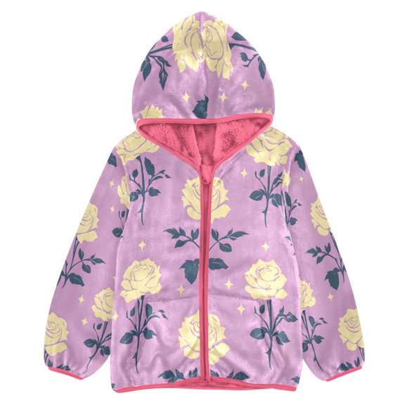 BZSMCE Double-Sided Sherpa Fleece Hooded Zipper Jacket Pink Purple Flower Pattern Print Warm Outerwear
