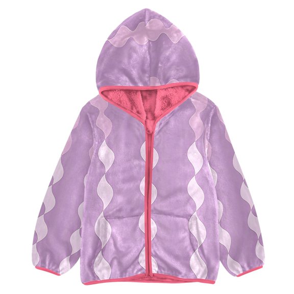 BZSMCE Double-Sided Sherpa Fleece Hooded Zipper Jacket Pink Purple and Light Purple Wavy Columns Pattern Print Warm Outerwear
