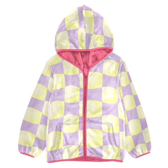 BZSMCE Double-Sided Sherpa Fleece Hooded Zipper Jacket Pink Purple and Yellow Checkerboard Pattern Print Warm Outerwear