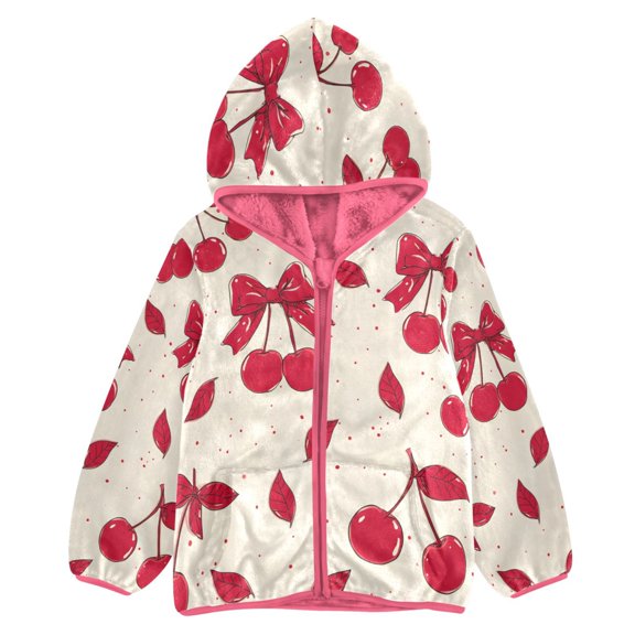BZSMCE Double-Sided Sherpa Fleece Hooded Zipper Jacket Pink Red Bow Cherry Print Warm Outerwear