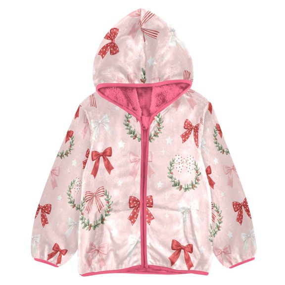 BZSMCE Double-Sided Sherpa Fleece Hooded Zipper Jacket Pink Red Pink Bow Pattern Print Warm Outerwear