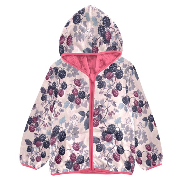 BZSMCE Double-Sided Sherpa Fleece Hooded Zipper Jacket Pink Red and Purple Mulberries Pattern Print Warm Outerwear