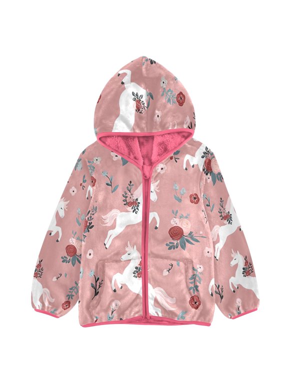 BZSMCE Double-Sided Sherpa Fleece Hooded Zipper Jacket Pink Rose Cute Horse Pattern Print Warm Outerwear