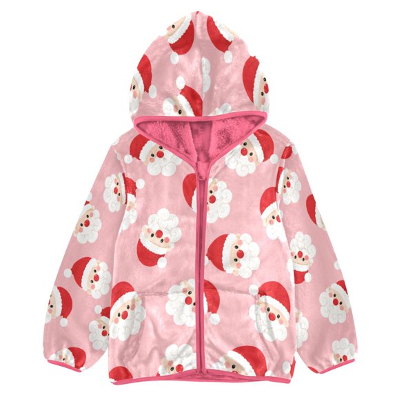 BZSMCE Double-Sided Sherpa Fleece Hooded Zipper Jacket Pink Santa Claus Pattern Print Warm Outerwear