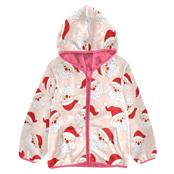 BZSMCE Double-Sided Sherpa Fleece Hooded Zipper Jacket Pink Santa Pattern Print Warm Outerwear