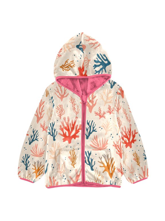 BZSMCE Double-Sided Sherpa Fleece Hooded Zipper Jacket Pink Sea Corals on A Beige Background Print Warm Outerwear