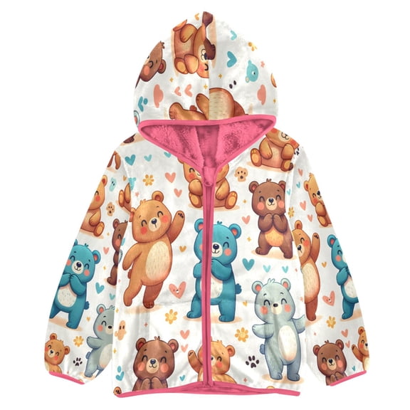BZSMCE Double-Sided Sherpa Fleece Hooded Zipper Jacket Pink Seamless Pattern Cartoon Bears Print Warm Outerwear
