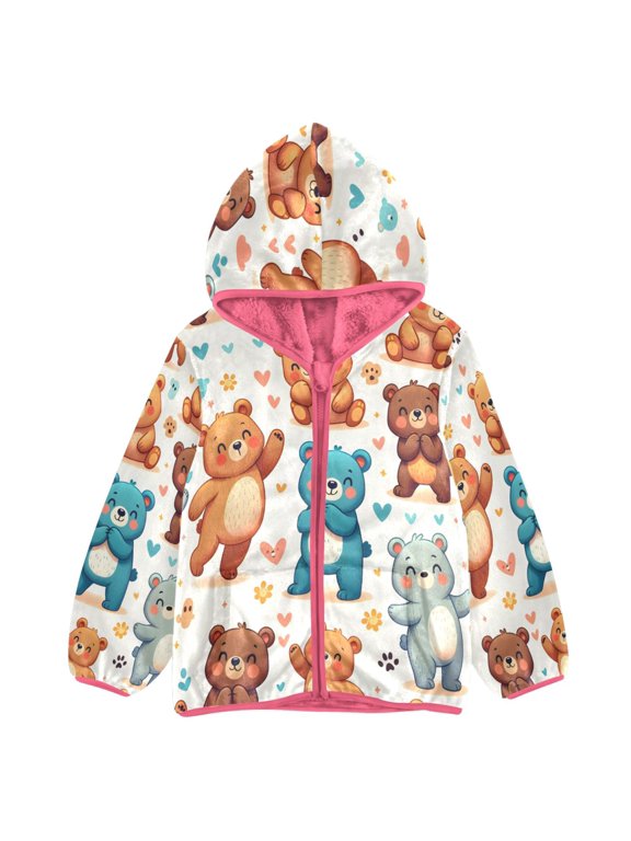 BZSMCE Double-Sided Sherpa Fleece Hooded Zipper Jacket Pink Seamless Pattern Cartoon Bears Print Warm Outerwear