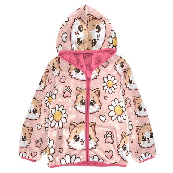 BZSMCE Double-Sided Sherpa Fleece Hooded Zipper Jacket Pink Seamless Pattern Of Cat Kitten Head Print Warm Outerwear