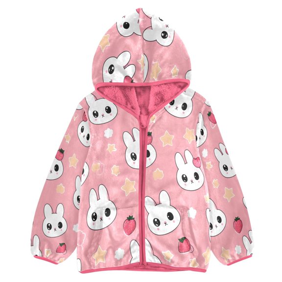 BZSMCE Double-Sided Sherpa Fleece Hooded Zipper Jacket Pink Seamless Pattern Of Cute Head Rabbit Print Warm Outerwear