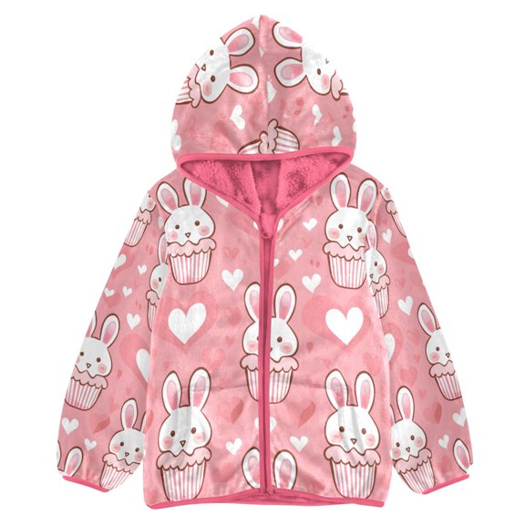 BZSMCE Double-Sided Sherpa Fleece Hooded Zipper Jacket Pink Seamless Pattern Of Cute Rabbit Head Print Warm Outerwear