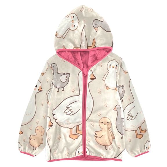 BZSMCE Double-Sided Sherpa Fleece Hooded Zipper Jacket Pink Seamless Pattern Of Geese Print Warm Outerwear